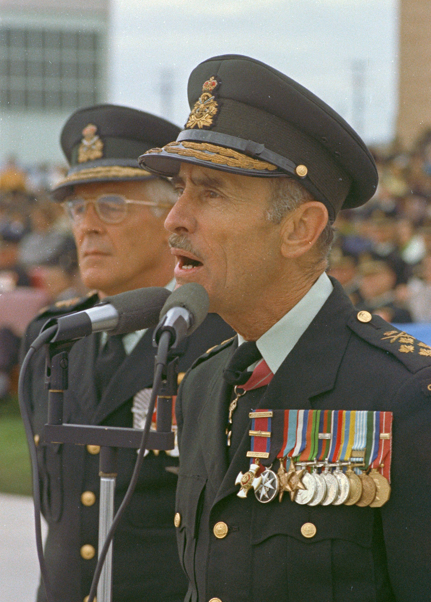 Chief of the Defence Staff General J. A. Dextraze, right, speaks during ceremonies marking the establishment of Air Command in 1975. Lieutenant-General Bill Carr, who became known as the “father of Air Command” stands beside him. PHOTO: DND Archives, IEC75-144