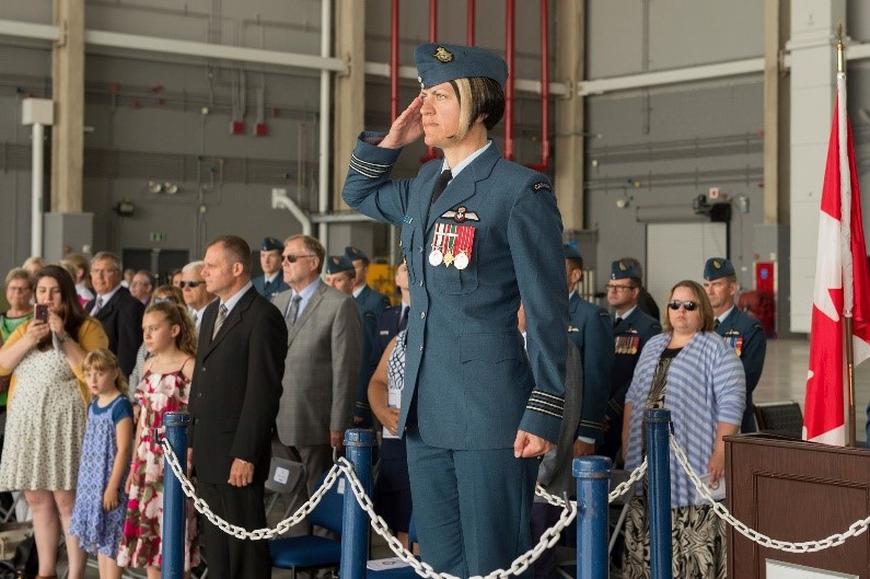 Lieutenant-Colonel Diane Baldasaro, the new Commanding Officer of 437 Transport Squadron takes the salute during the Squadron’s change of command parade at 8 Wing Trenton, Ontario on June 28, 2018. PHOTO: Corporal Zebulon Salmaniw